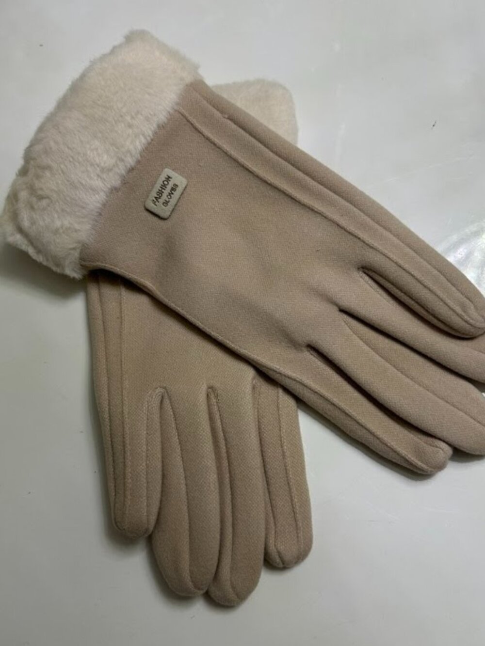 Beige Faux Fur Cuff Winter Gloves Touchscreen Soft Elegant Women's Gloves